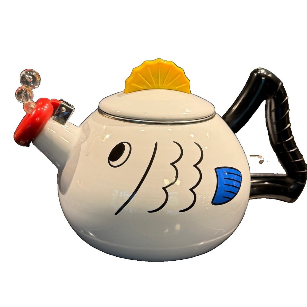 Vintage M Kamenstein Fish Whistling Tea Kettle Enamel Pop Art 1980s Bubbles